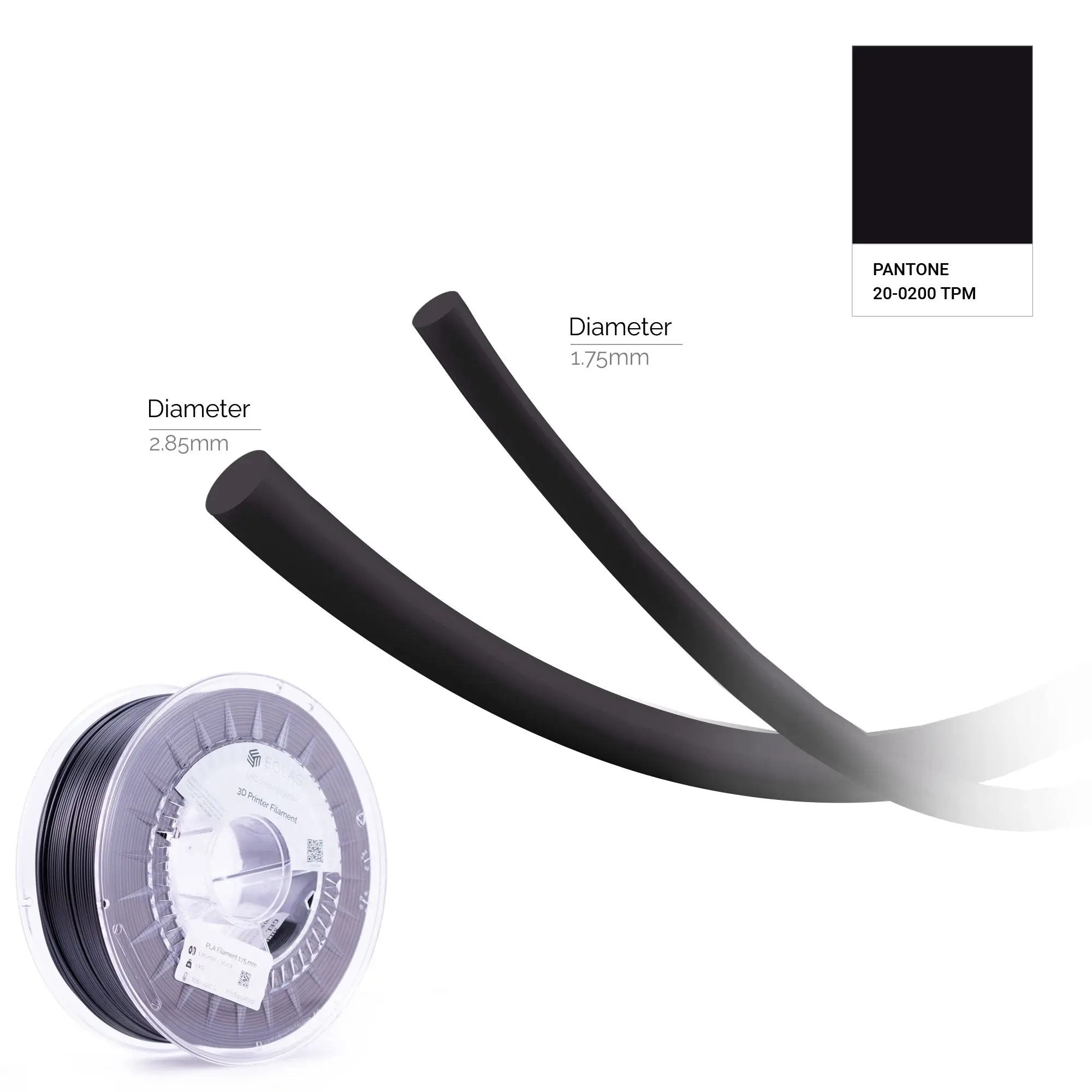 A black Ingeo 850 PLA spool available in diameters 1.75 & 2.85 mm 
