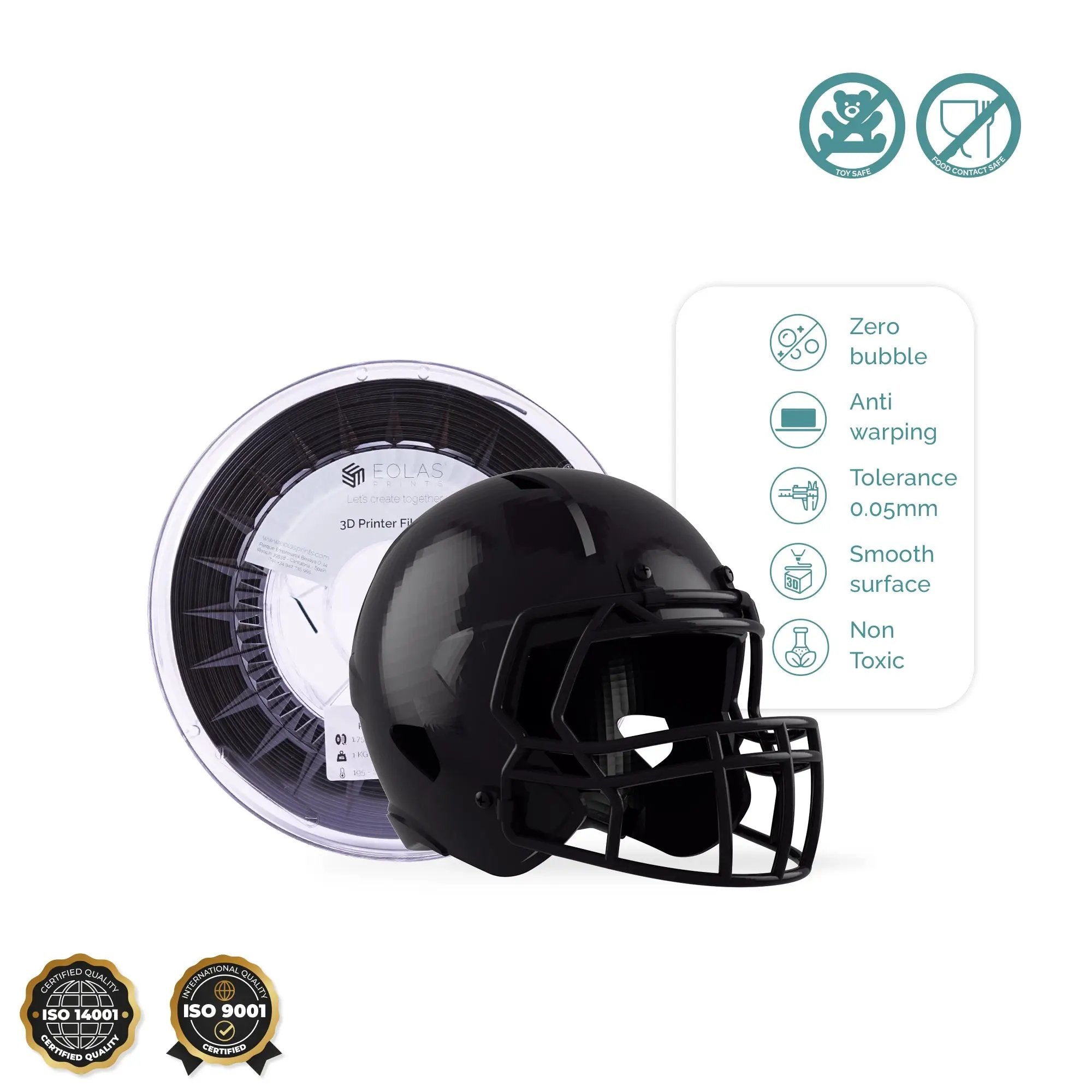 A black Ingeo 870 PLA spool with a 3d printed helmet 