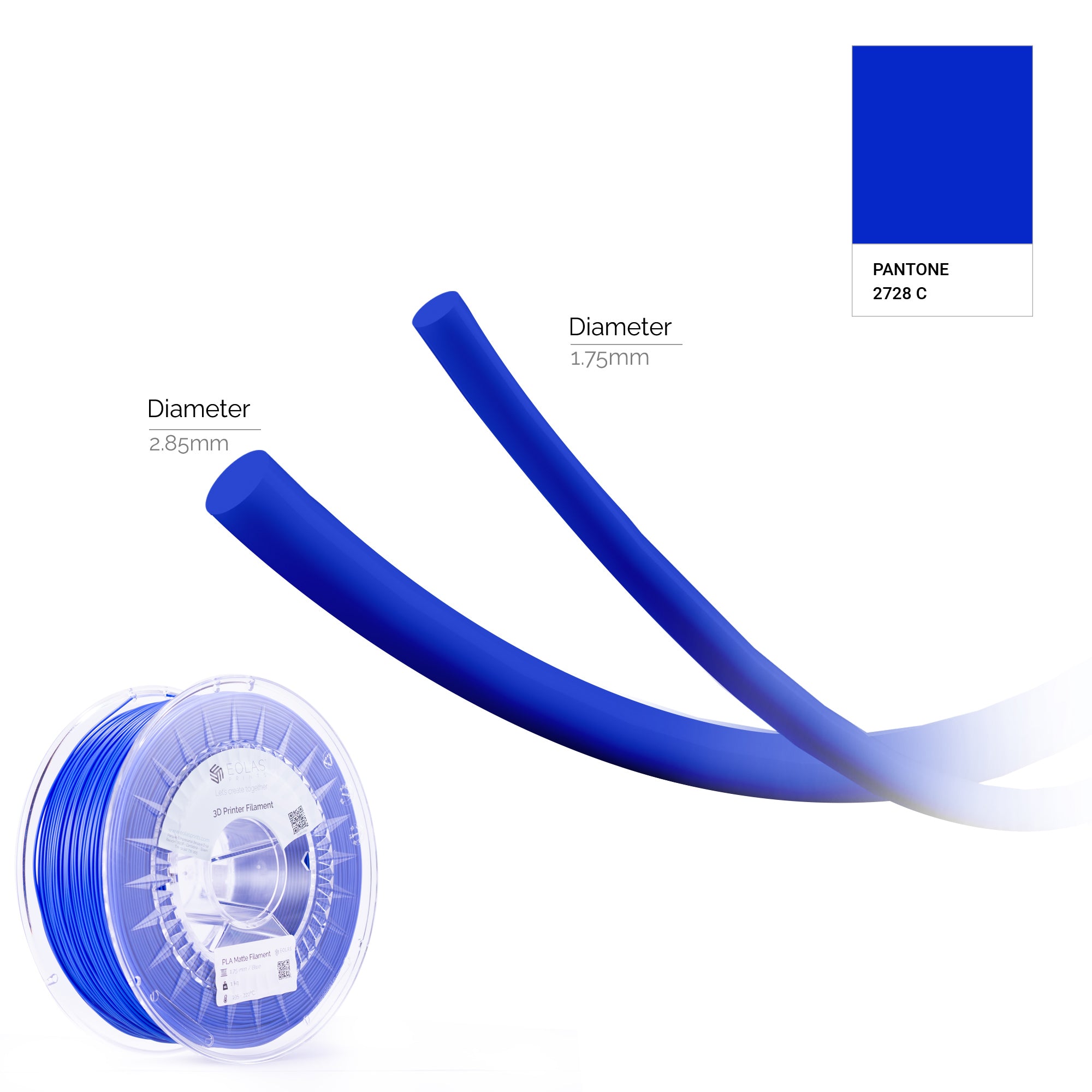 A blue PLA Matte spool available in diameters 1.75 & 2.85 mm 