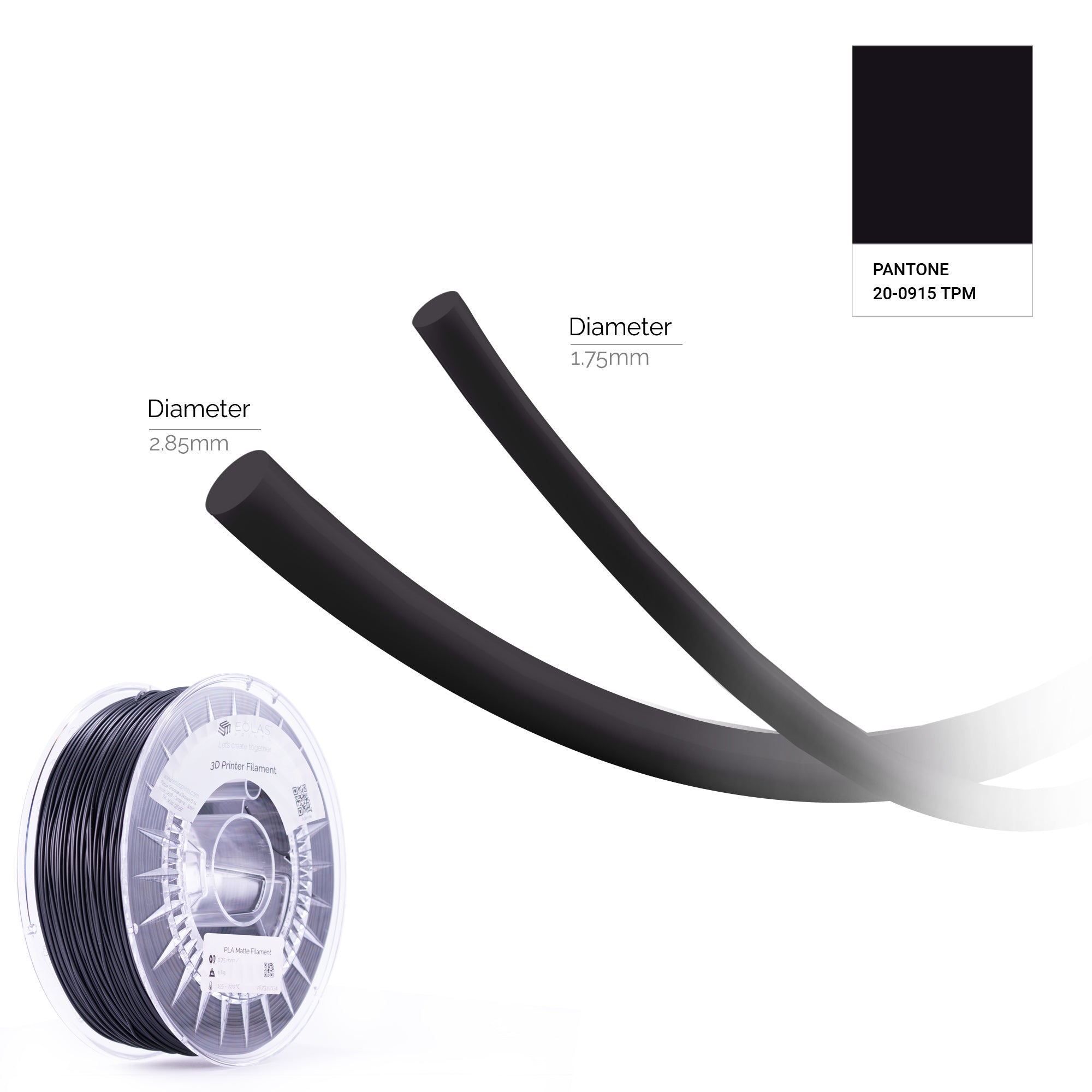 A black PLA Matte spool available in diameters 1.75 & 2.85 mm 